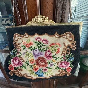 Vintage Floral Needlepoint Mini Bag with Gold Frame